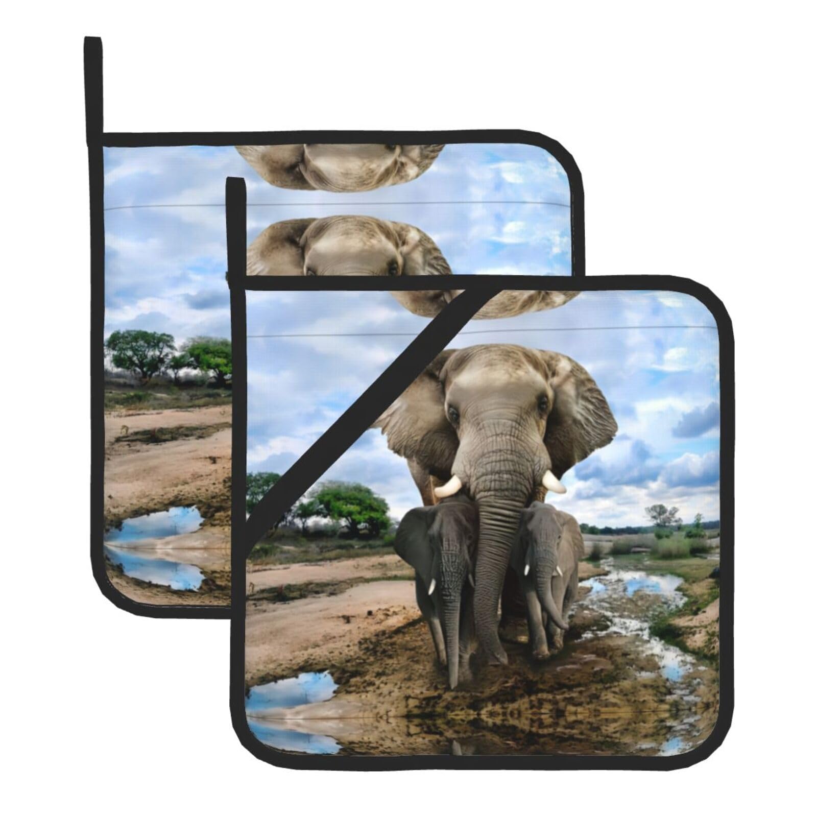 HJFCZH African Wild Animals Elephant Prints Square Hot Pads for Kitchen - Waterproof Heat Resistant Potholders, Thick Trivet Covers with Hanging Loops, Oven & Grill Dish Protectors (2-Pack)