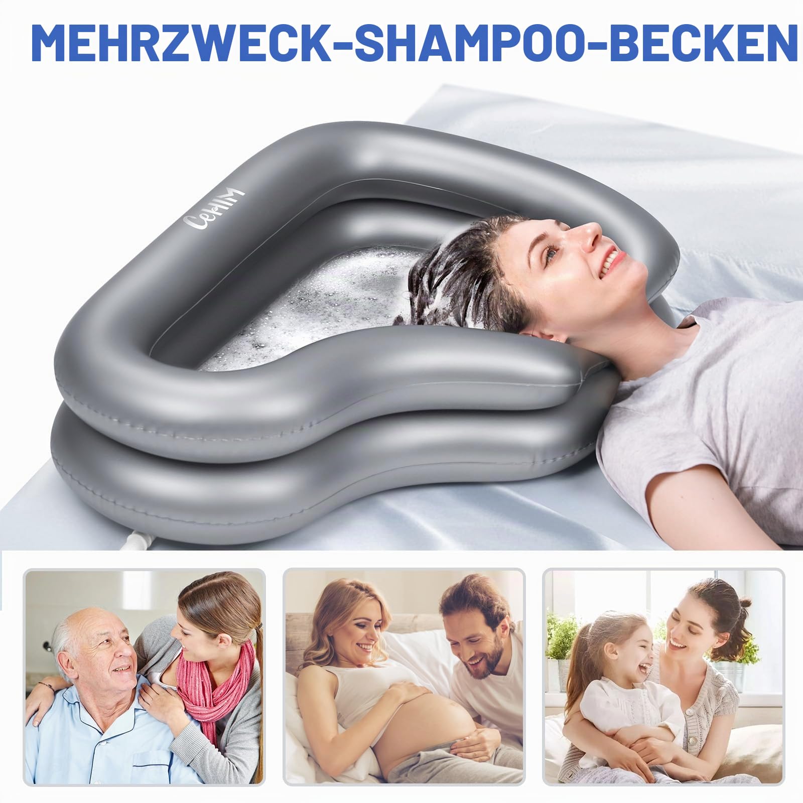 Aufblasbares Shampoo-Waschbecken, Tragbares Haarwaschbecken für Bettlägerige, Behinderte & Ältere Menschen, Mit Ablaufschlauch, Pflegeleicht & Stabil (Silver)