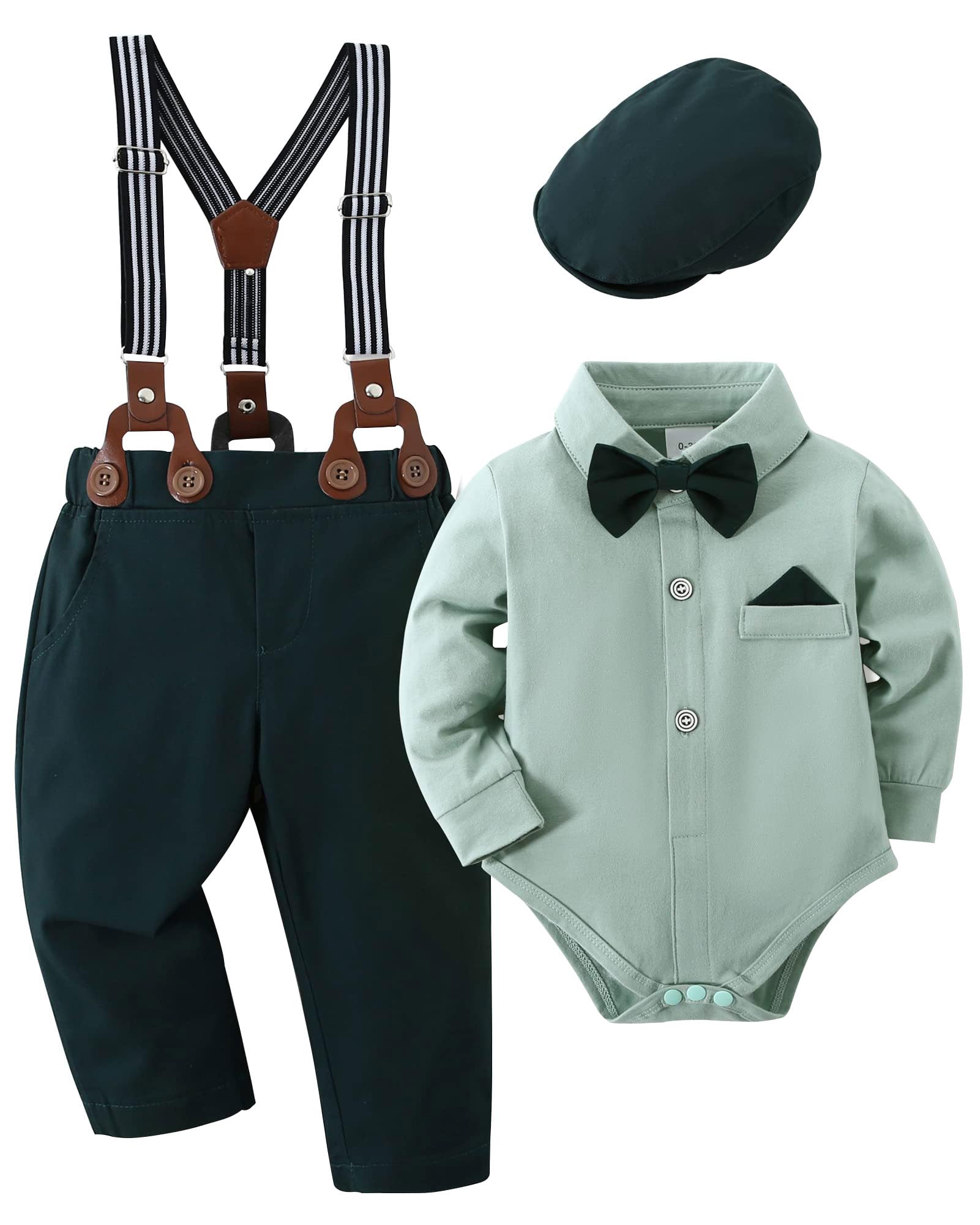 Amisssz Baby Jungen Gentleman Anzug, 4tlg Kinder Hochzeit Festlich Taufe Strampler mit Bowtie Hemden + Hosenträger Overalls Grün 0-3 Monate