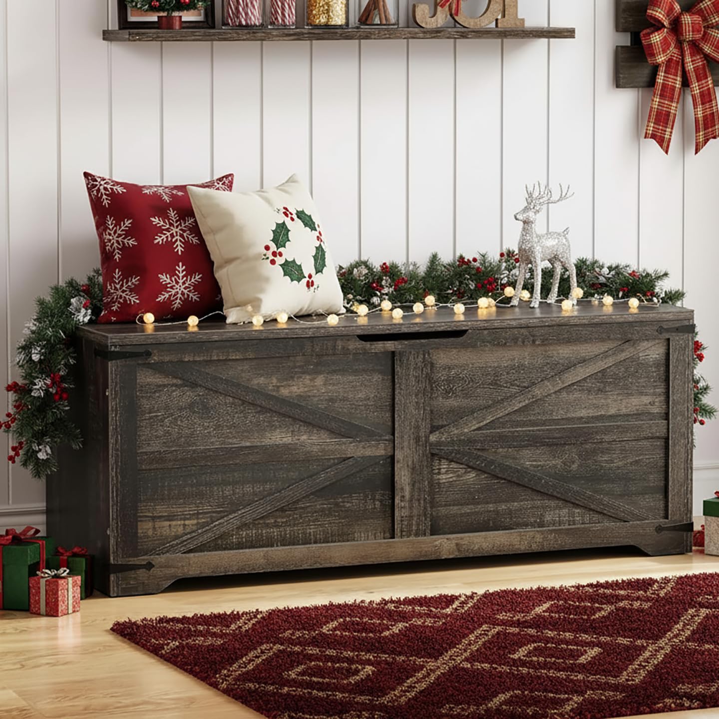 DWVO Storage Bench, 47.2" Farmhouse Storage Chest with 2 Safety Hinges, Wooden Storage Organizer, Shoe Bench for Entryway, Bedroom, Living Room, Dark