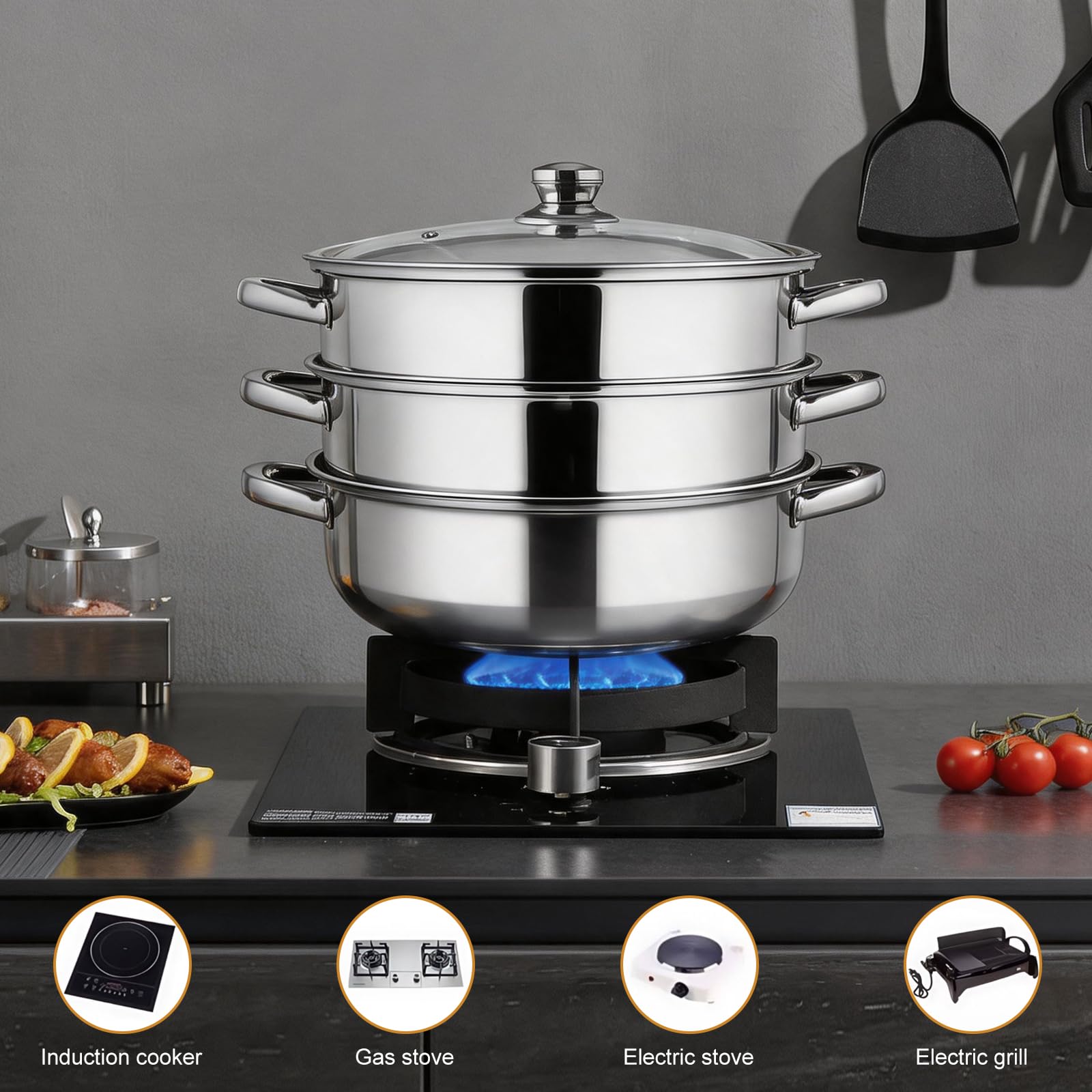 Cuiseur vapeur en acier inoxydable de 28 cm avec 3 inserts vapeur, couvercle en verre et pince à vapeur, pour tous les types de feux, pour la cuisson des légumes, des fruits de mer, des soupes, des