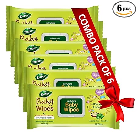 Dabur Baby Wipes: Soft Moisturizing Wet Wipes enriched with Aloe Vera & Amba Haldi | No Parabens & Phthalates - 80 Wipes X Pack of 6