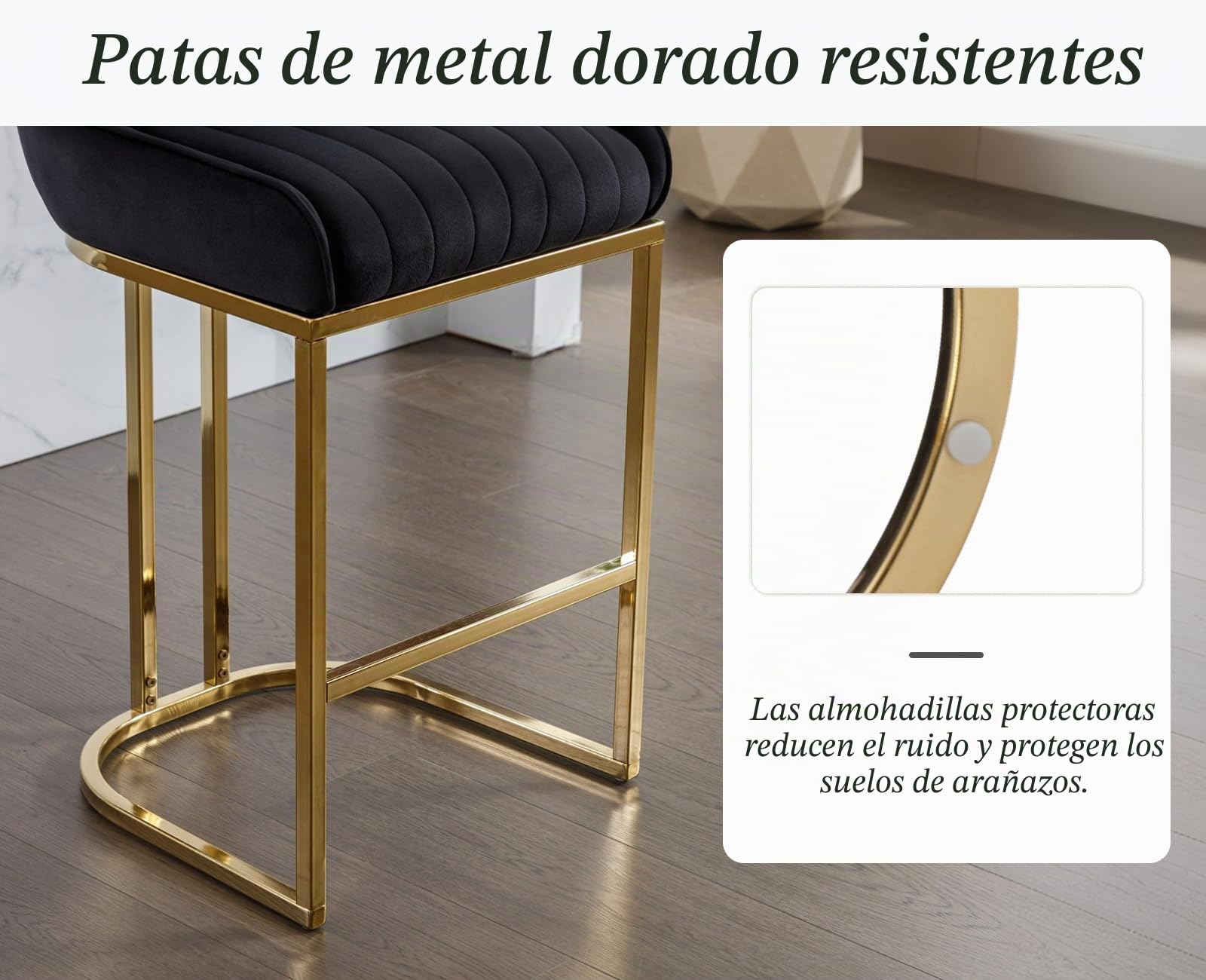 chairus 2PCS Taburetes de Bar de Terciopelo con Patas Doradas, Negro | Sillas Altas de Isla de Cocina con Respaldo Alto, Estilo Elegante