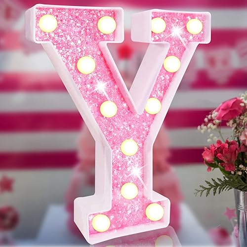 Letras rosas iluminadas, letras del alfabeto con purpurina, letras LED de marquesina de color rosa, que funcionan con pilas, para iluminar por la