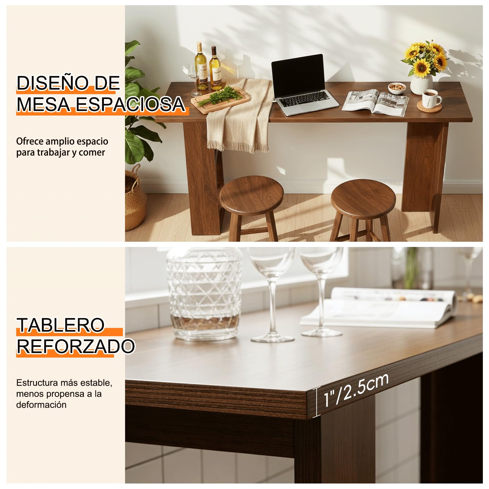 Mesa Bar de Madera Maciza con Almacenaje, Mesa Alta Cocina, Mesa Estrecha y Larga, Altura de Barra, Tablero Grueso 2,5 cm, para Cocina, Salón,Bares, etc.