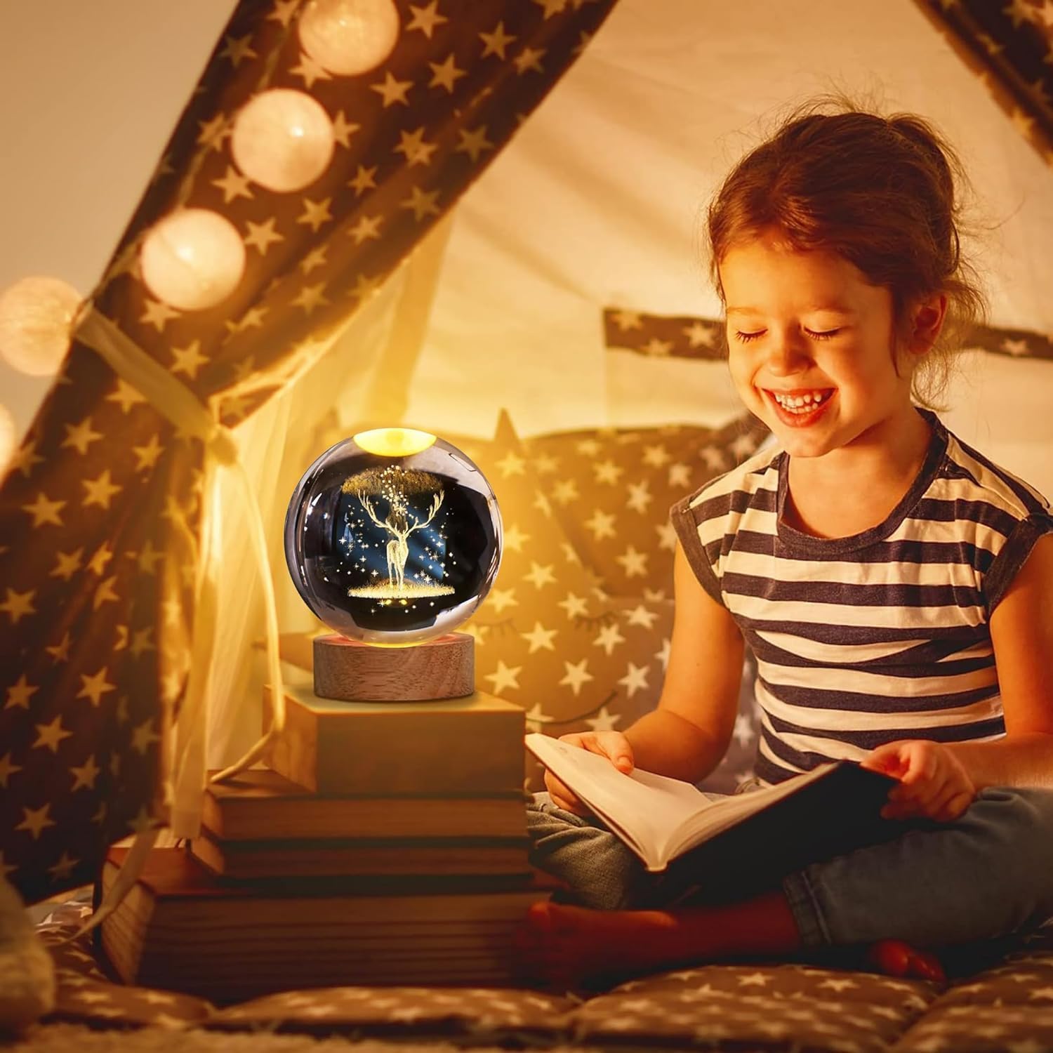 KEXES 3D Moon Crystal Ball Night Lamp,Creative Engraved Crystal Ball Night Light, USB Table LED with Wooden Base Crystal Ball for Home Office Decoration Birthday Gift Adults (3D Deere) 1