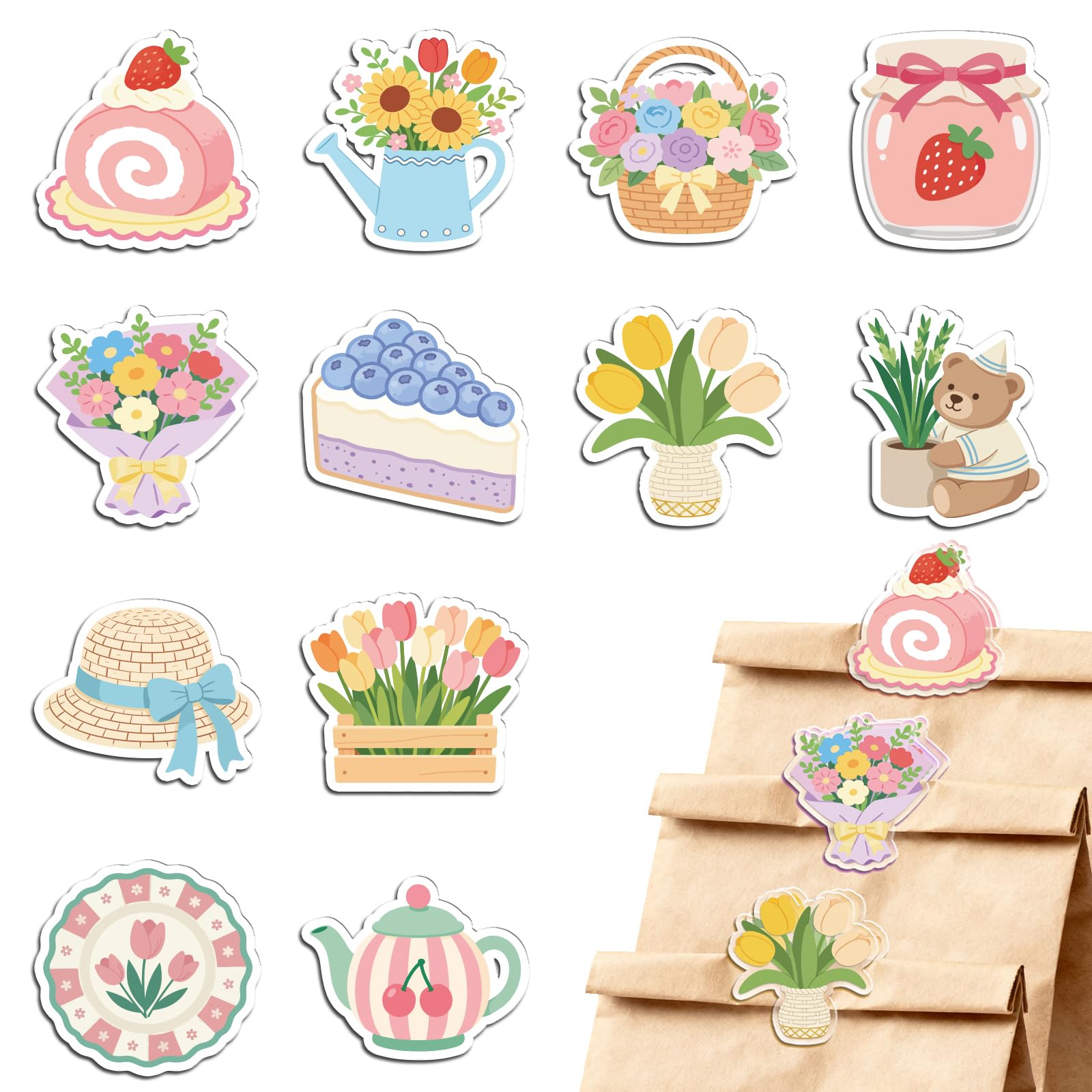 MAYJOYDIY 24Pcs 12 Styles Flowers Acrylic Chip Clips Cake Flower Basket Water Can Bag Sealer Sealing Closures Jam Jar Hat Tulip Teapot Potted Plant Bag Clips for Food Storage Airtight Seal Grip