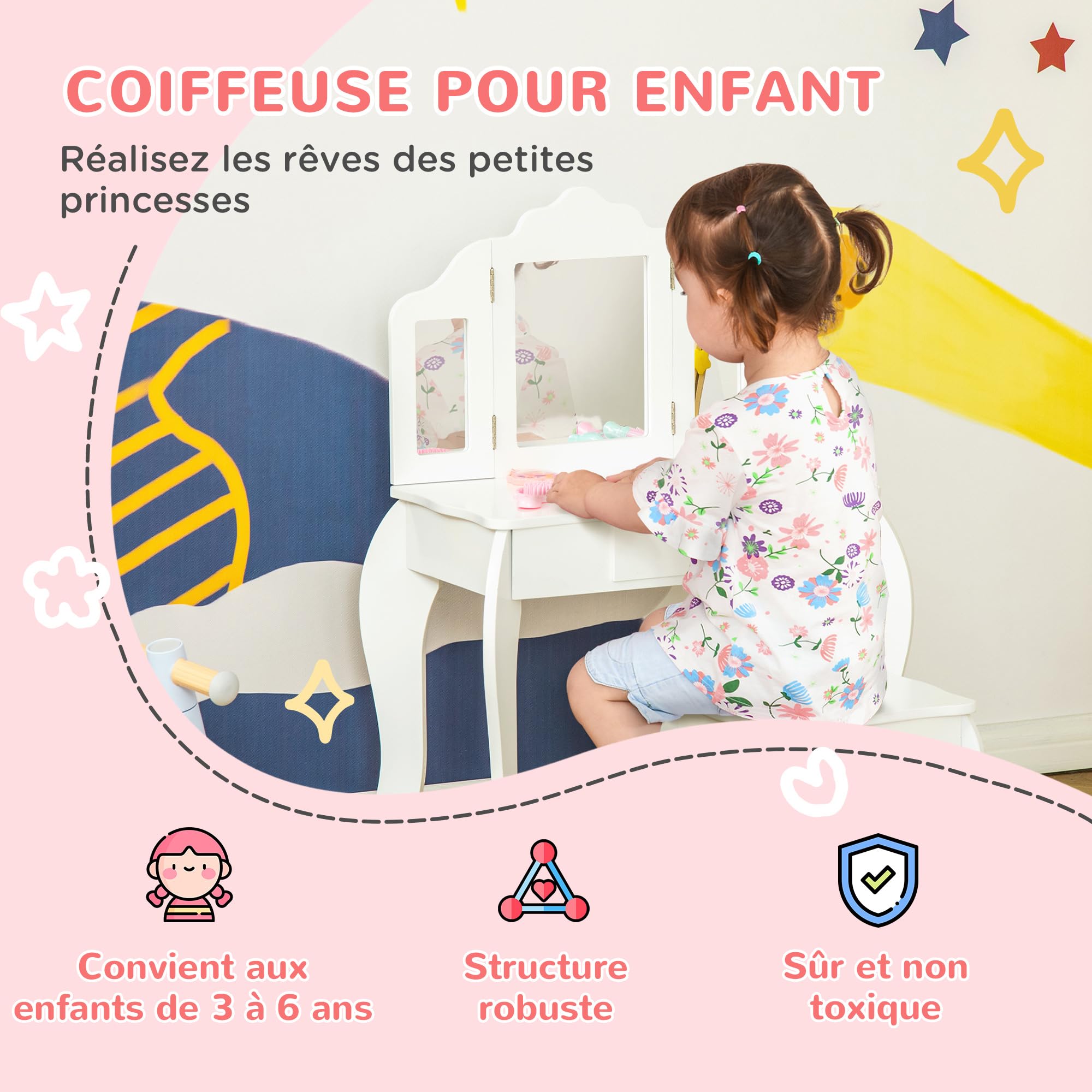 HOMCOM Coiffeuse Enfant avec Tabouret, Coiffeuse Bureau 2 en 1 Miroir triptyque et tiroir Coulissant - Coiffeuse dim. 63L x 40l x 85,5H cm - Blanc Acrylique