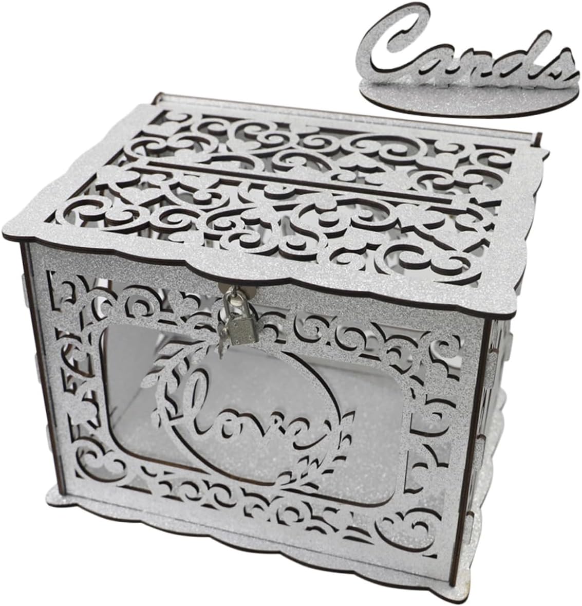 Wood Card Box Hollow Design Glitter Finish Portable Wedding Reception Greeting Card Container Birthday Valentine’s Day Events
