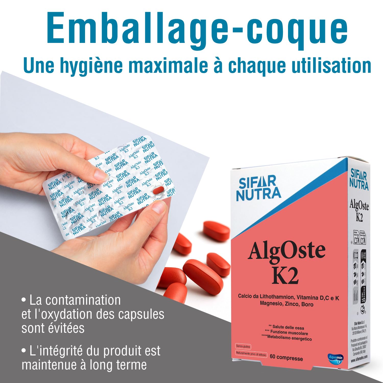 Algoste K2 | Complément alimentaire pour les os avec calcium de Lithothamnion (Aquamin F), vitamines K2 et D3, magnésium, vitamine C, zinc et bore | 180 comprimés (3 boîtes de 60)