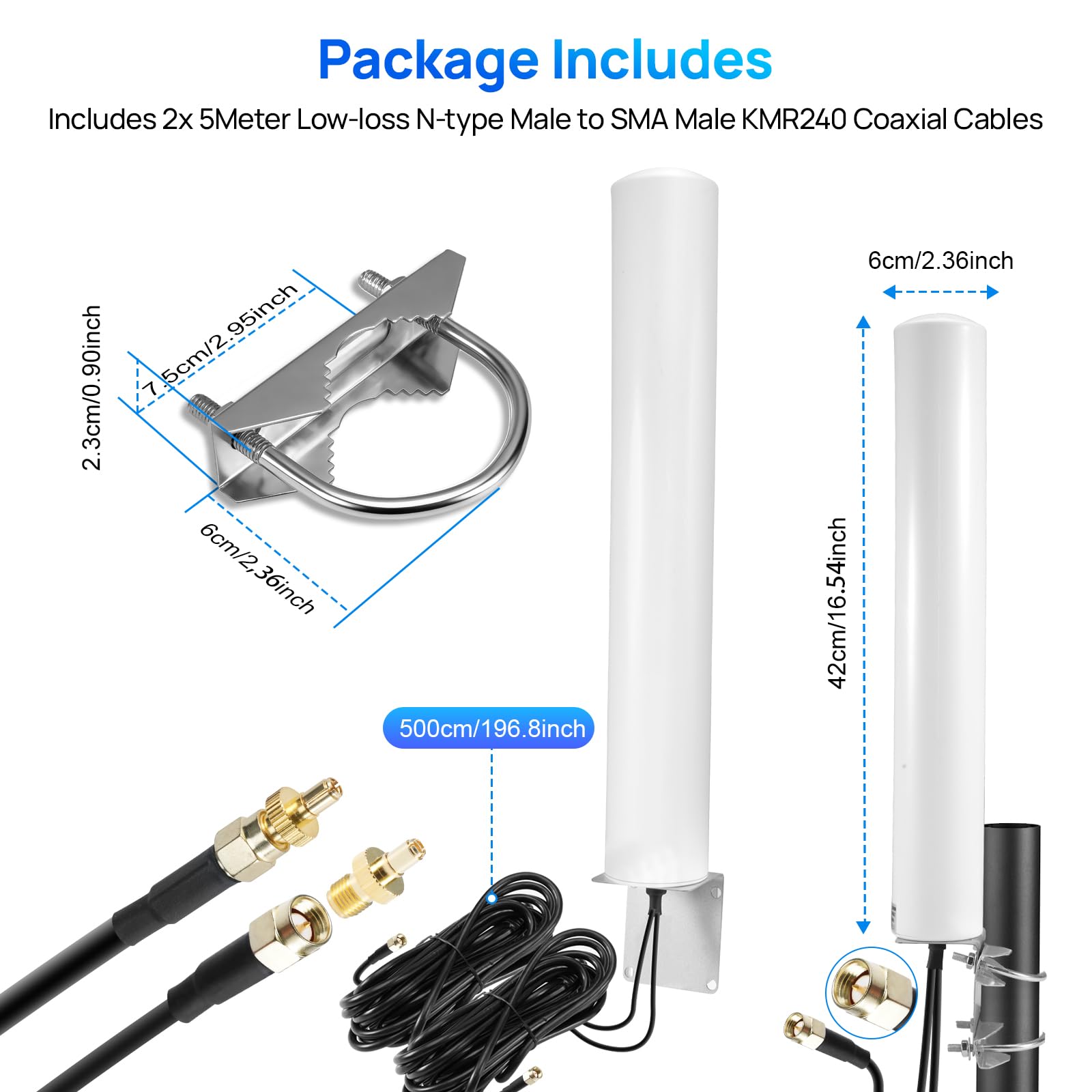 Antenna 5G 4G LTE per esterni, 4,5 dBi, 2 x 2 MIMO 700-6000 MHz, adattatore SMA e TS9 | Fascio rotondo polarizzato a 360° per router e IoT, bullone a U resistente alle intemperie, con cavo da 3 m senza perdite
