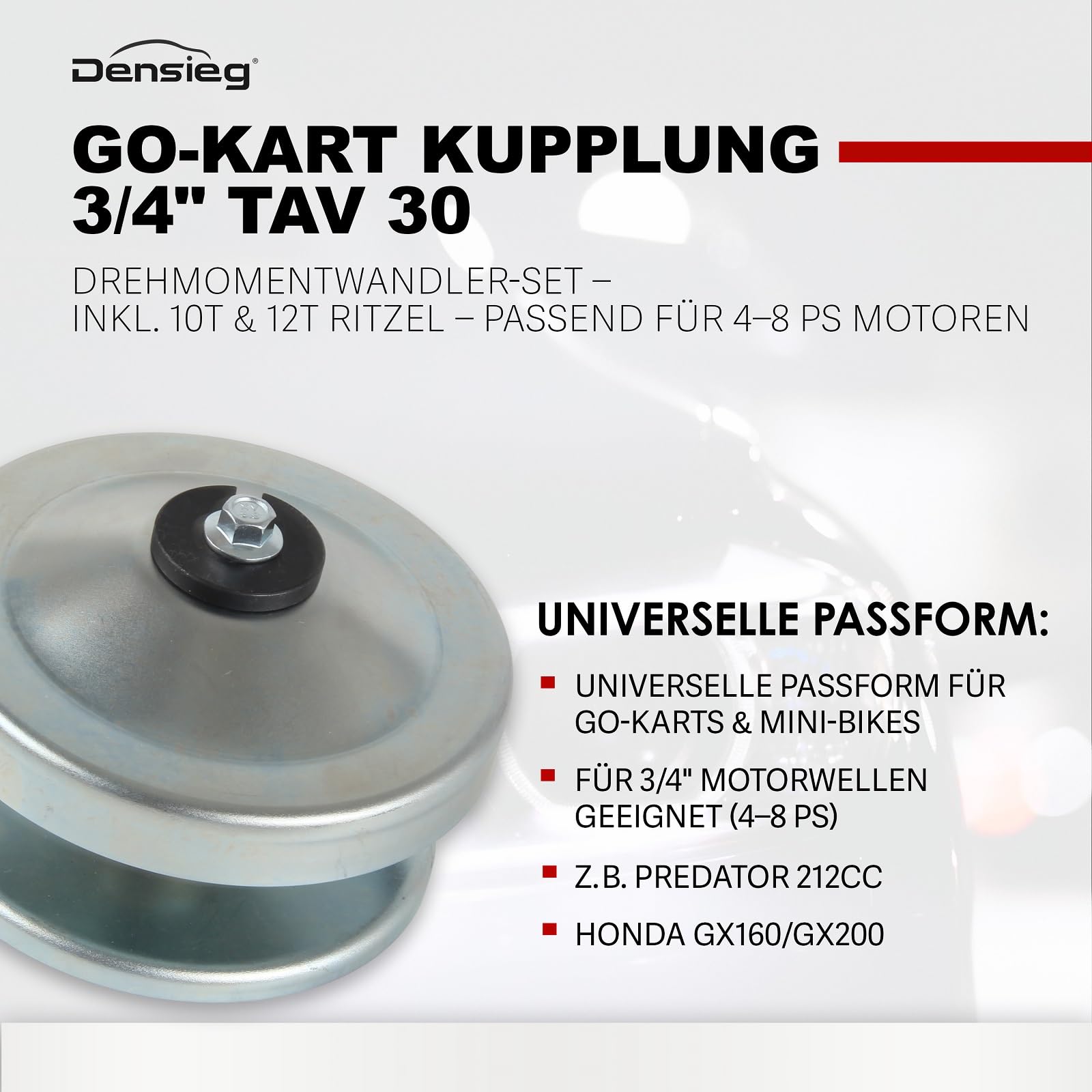 Go-Kart Kupplung 3/4" TAV 30 Drehmomentwandler-Set – Inkl. 10T & 12T Ritzel – Passend für 4–8 PS Motoren