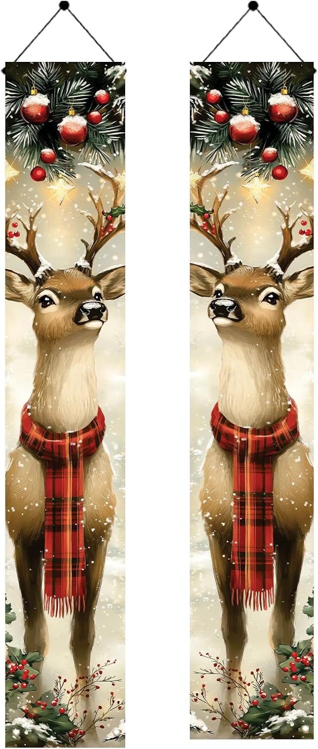 2PCS Christmas Porch Banner Reindeer with Scarf Vertical Hanging Decorations for Front Door Outdoor Winter Holiday Welcome Sign Plaid Deer Wall Decor Xmas Entryway Background 71 x 12 Inch 2PCS Christmas Porch Banner Reindeer with Scarf Vertical Hanging Decorations for Front Door Outdoor Winter Holiday Welcome Sign Plaid Deer Wall Decor Xmas Entryway Background 71 x 12 Inch