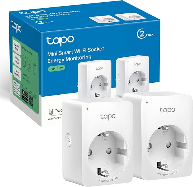 Tapo P110 (2 paquetes) – Mini enchufe inteligente Wi-Fi (con monitoreo de energía), programación encendido/apagado, ahorro de energía, compatible con Alexa y Google Home