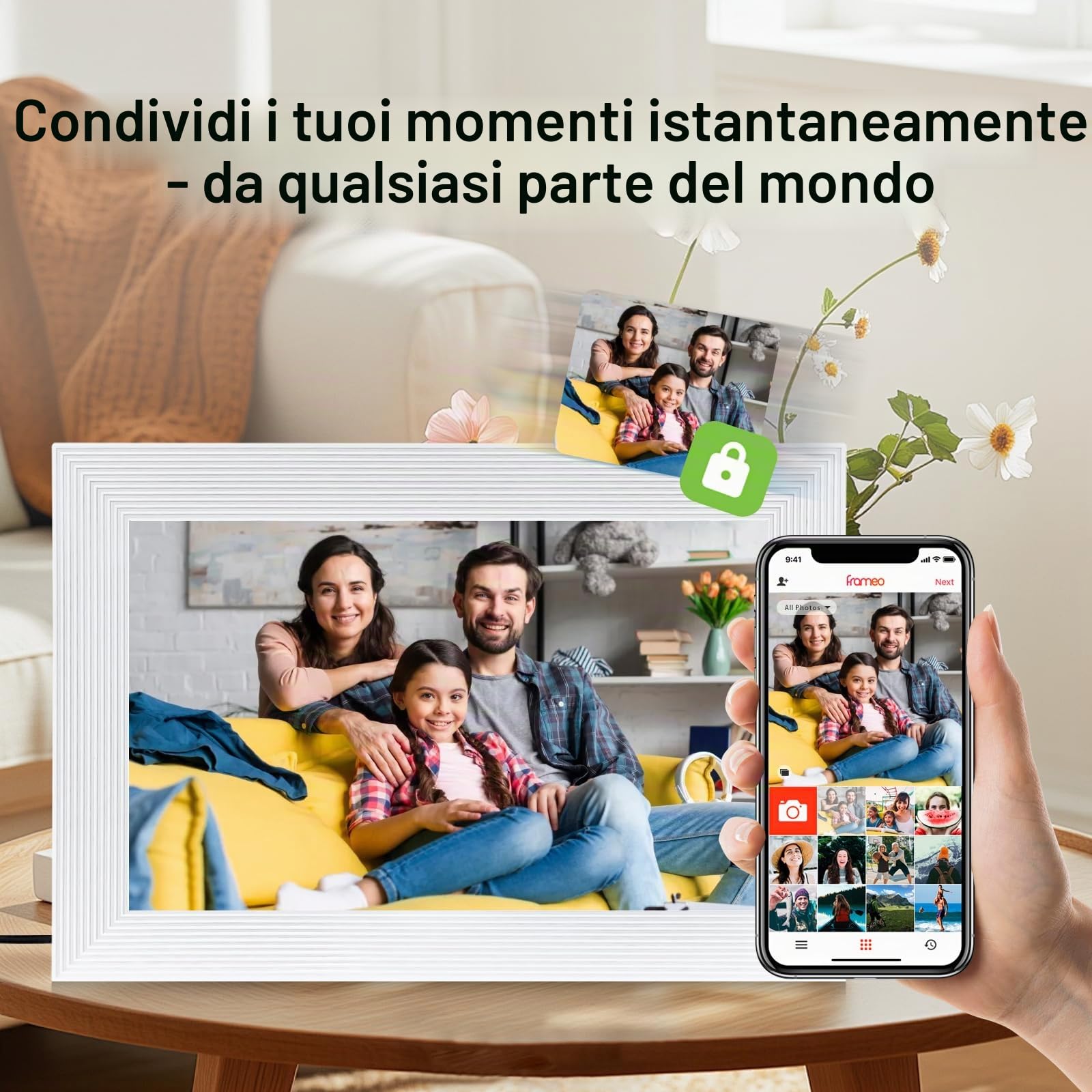 Frameo - Cornice per foto digitale WiFi da 10,1 pollici, con memoria da 32 GB e slot SD, cornice elettronica IPS touch screen con rotazione automatica, regalo per mamma, riscaldamento della casa