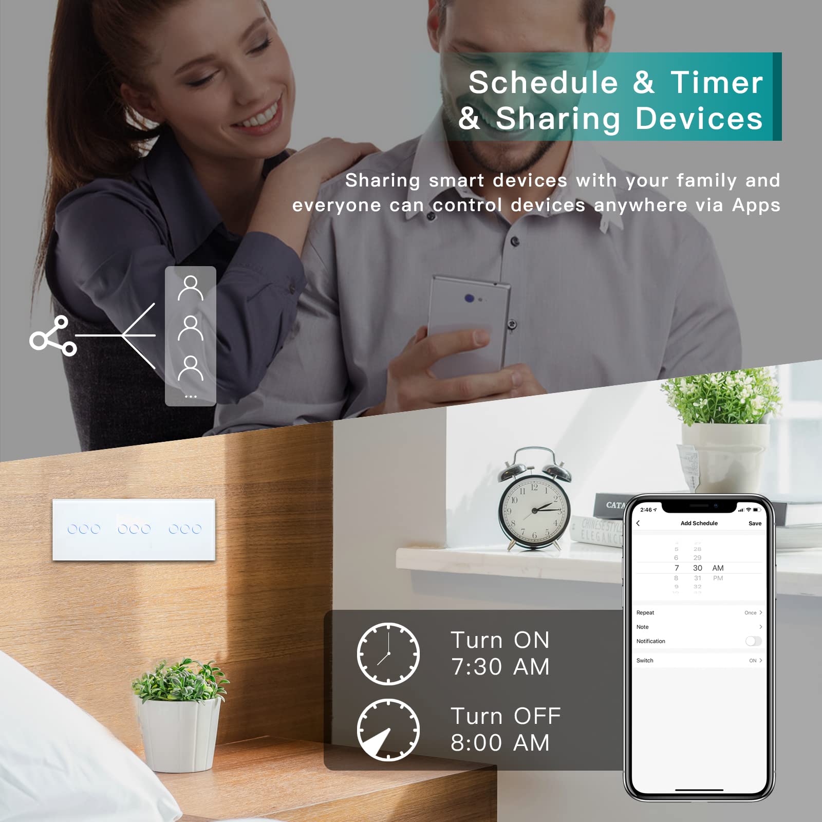 BSEED Dreifach Smart Alexa Wlan Lichtschalter Ohne Neutralleiter, WIfI Touch Schalter aus Glas, Alexa und Google Home Work mit Tuya, 3 Fach+3 Fach +3 Fach 228mm Weiß
