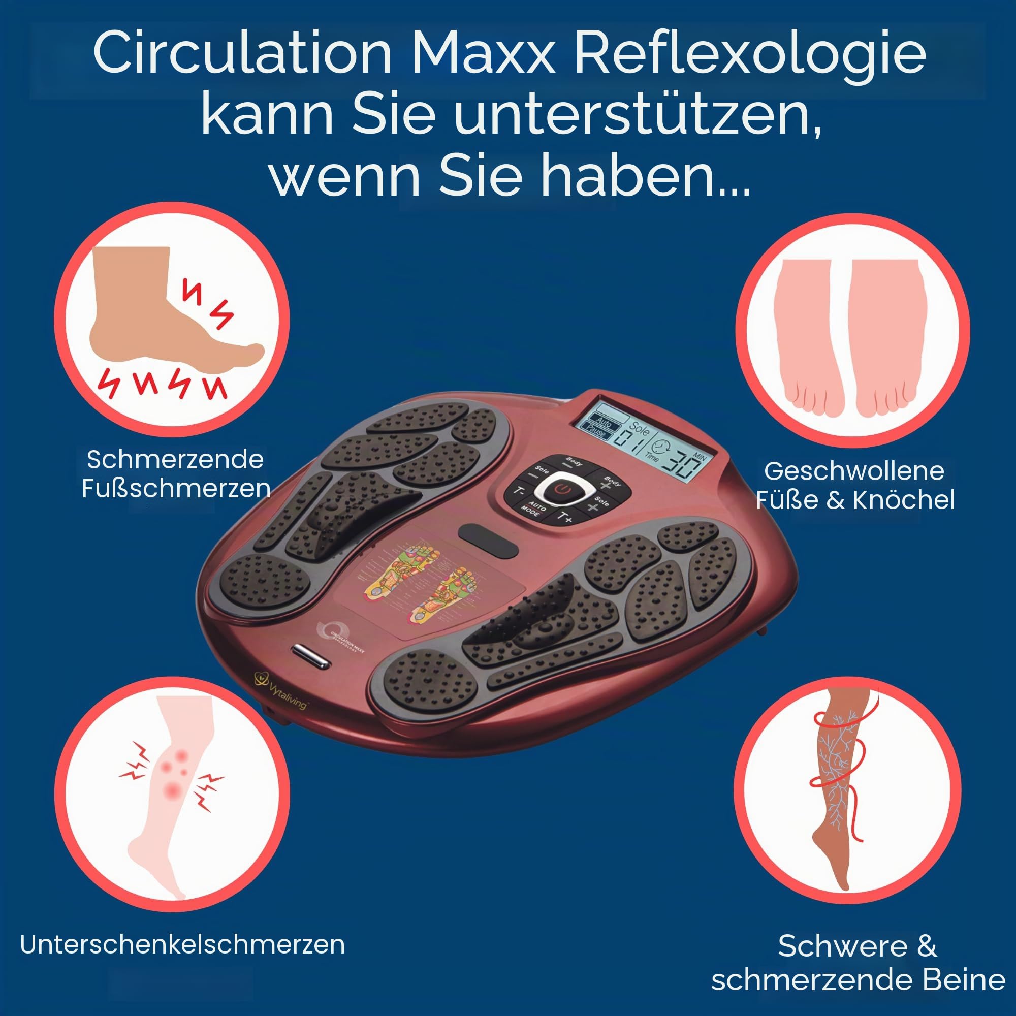 EMS TENS Fußmassagegerät Circulation Maxx – Reflexzonen-Stimulator für Füße & Unterschenkel | 99 Stufen, 2 Kanäle & Fernbedienung | Kann bei schweren Beinen & Wassereinlagerungen helfen | Vytaliving
