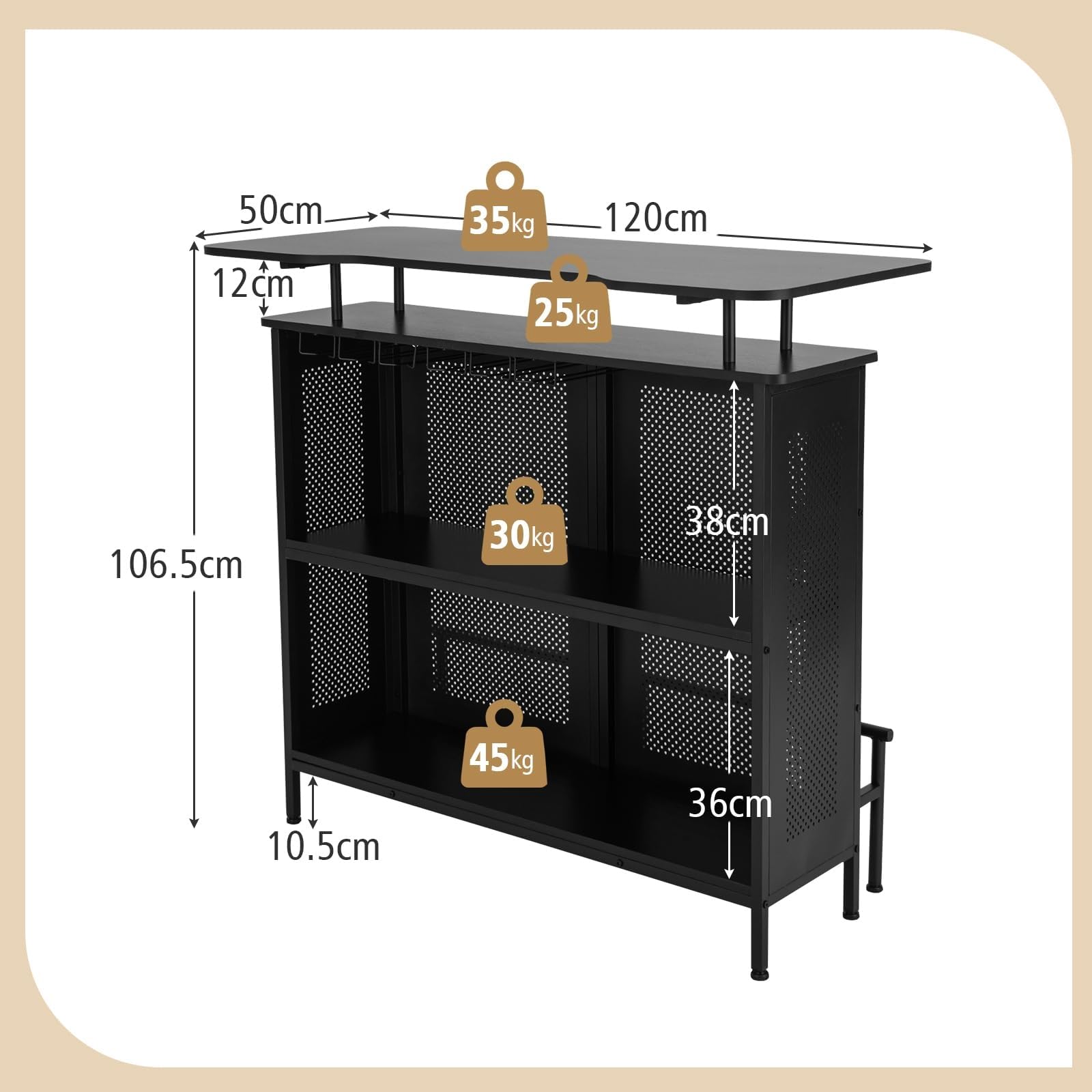 KOMFOTTEU Tavolo da bar con 1 ripiano rialzato e 6 portabicchieri, tavolo da vino a 4 livelli, tavolo da cucina con poggiapiedi in stile industriale, nero, 120 x 50 x 106,5 cm
