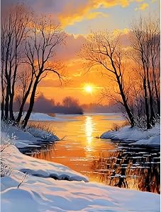MOMDEDP Winter Sunset Diamond Art Kits for Adults, Lakeside 5D Diamond Dots Kits for Adults Beginners, DIY Full Drill Paint Art Kits for Home Wall Bedroom or Office Decor Gift 12x16Inch