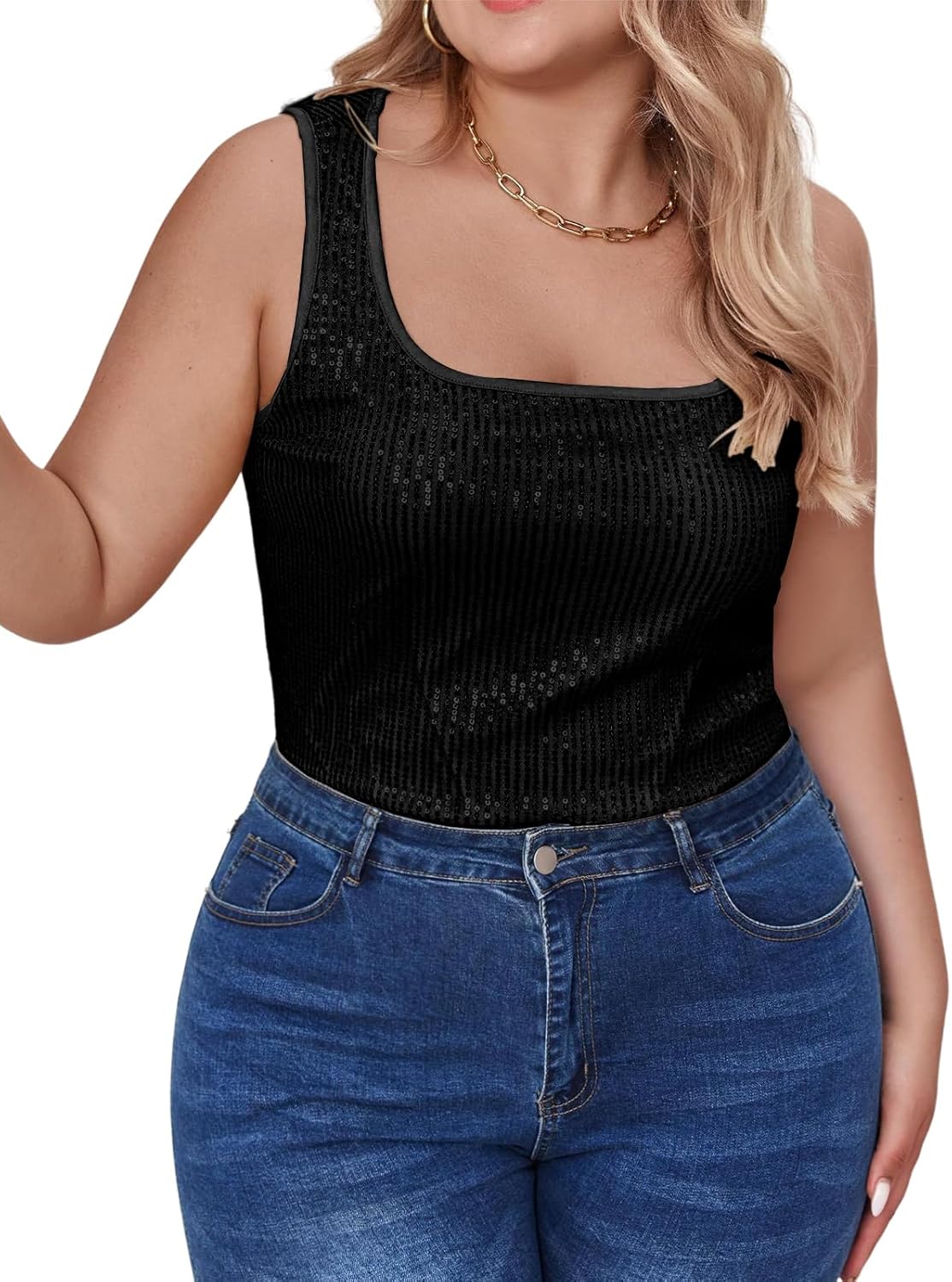 Beautife Womens Plus Size Sequin Tank Tops Sleeveless Square Neck Sparkly Club Party Shirt - Image 5