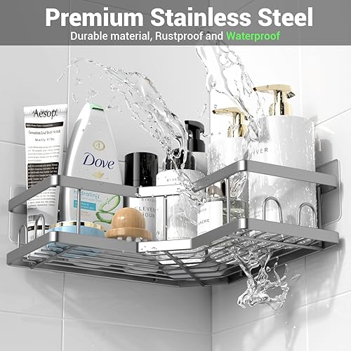 Miniatura 5 de Organizador de baño esquinero para ducha estantes adhesivos para bañera - Paquete de 3 estantes de ducha sin perforación para ducha interior -