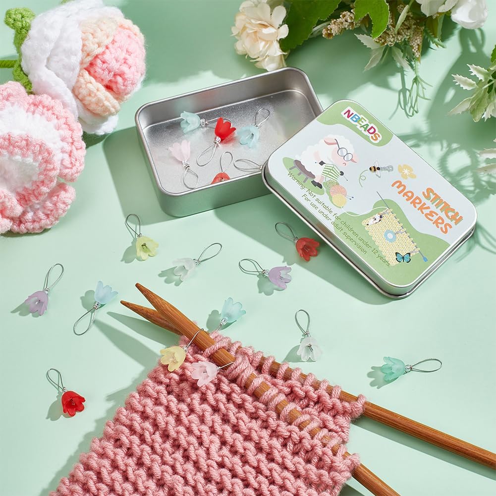 NBEADS 18 Pcs Flower Stitch Markers, 9 Colors Acrylic Knitting Stitch Markers Crochet Stitch Marker with Stainless Steel Wire for Knitting Weaving Sewing Jewelry Making