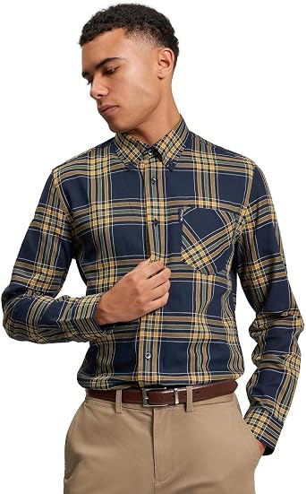 Ben Sherman Men's Grid Check Button-Down Collar Shirt, Long-Sleeved Dark Navy M