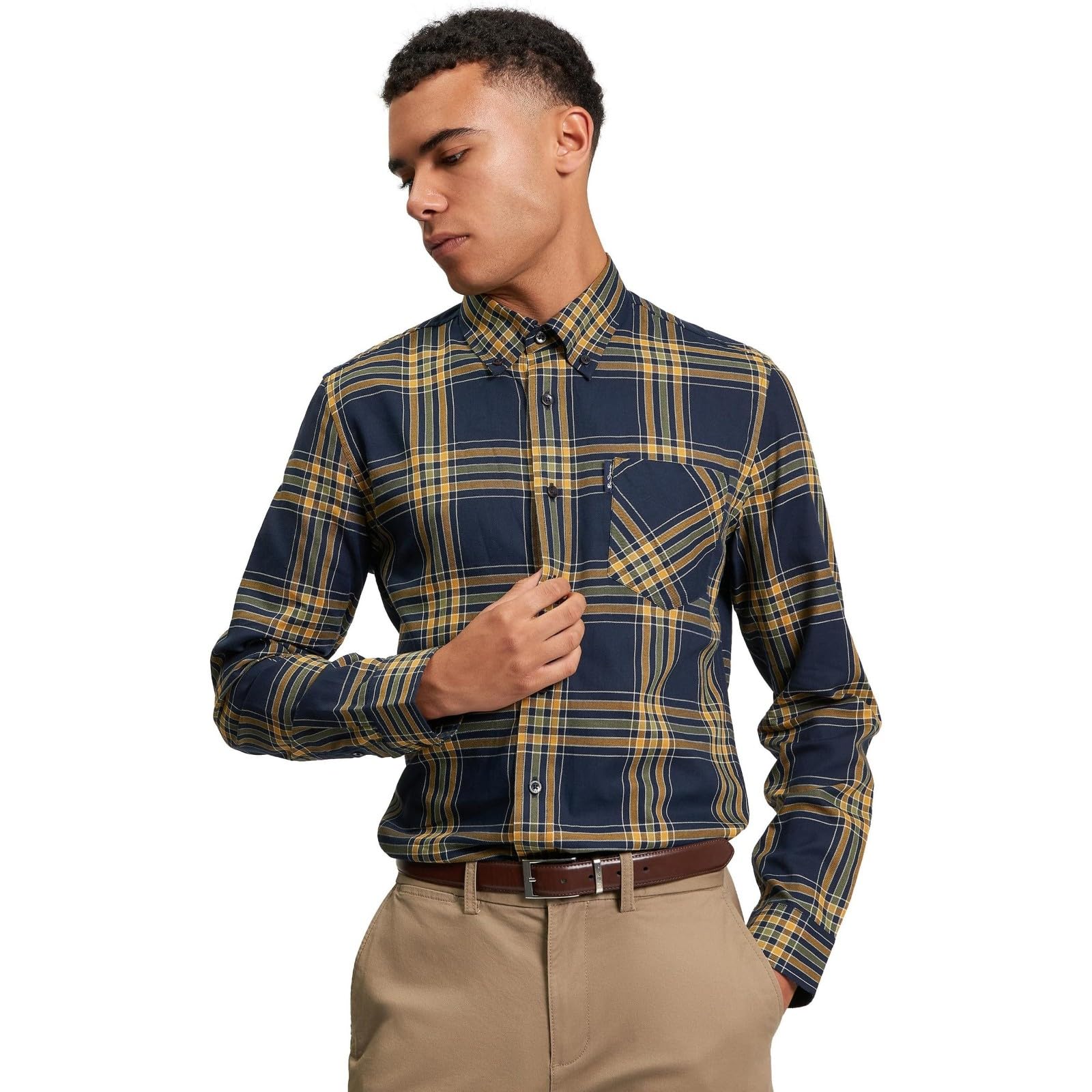 Ben Sherman Men's Grid Check Button-Down Collar Shirt, Long-Sleeved (Dark Navy) XL