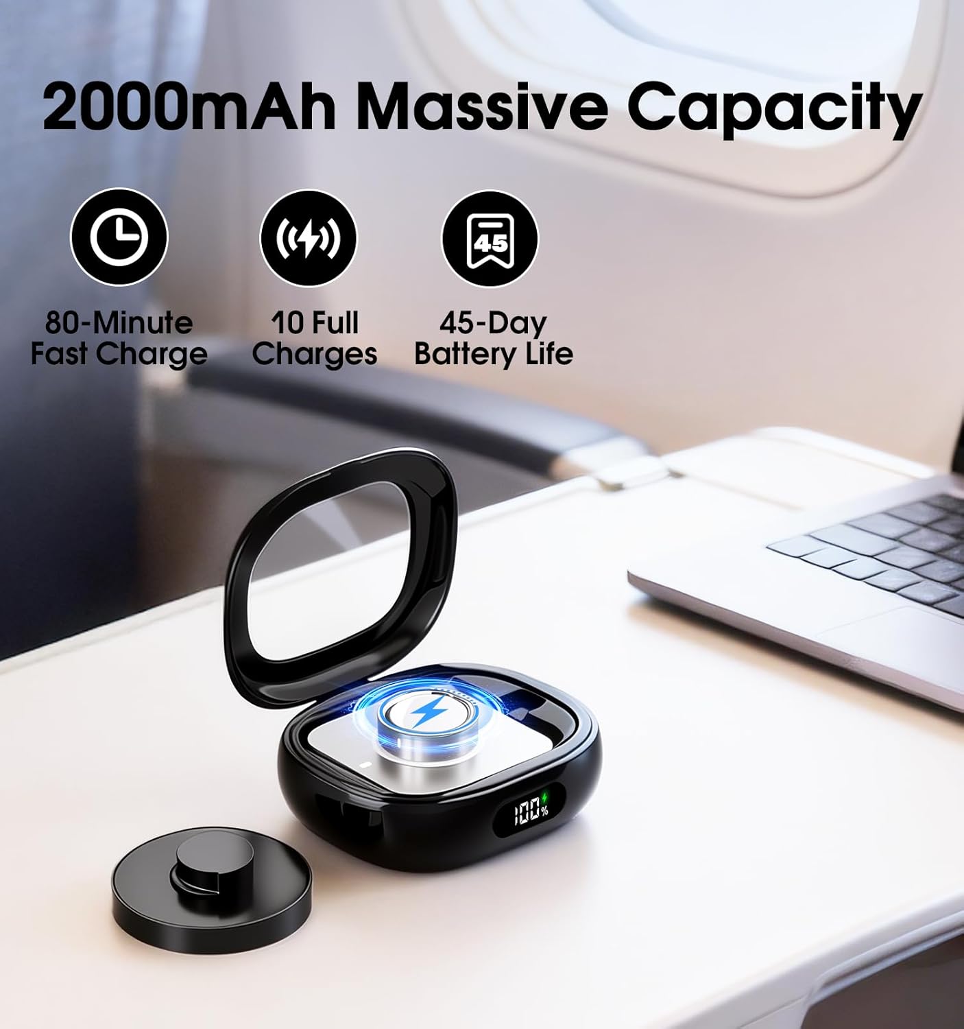 Charging Case for Oura Ring Gen 4 & 3 Charger, 2000mAh Portable Travel Power Station Fits All-Sized Oura Ring 4 & 3, 45-Day Runtime (Official Charger NOT Included)(Black)