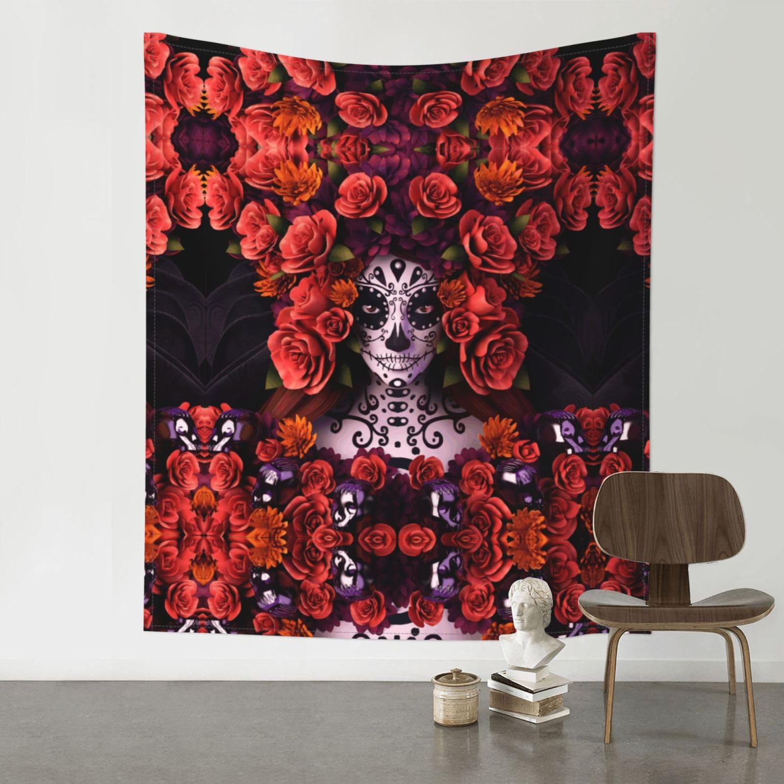 YYHWHJDE Day Of The Dead Sugar Roses Skull Prints 60x51in Wall Tapestry – Boho Decor Throw Blanket for Bedroom, Dorm, Beach Cover, Picnic & More
