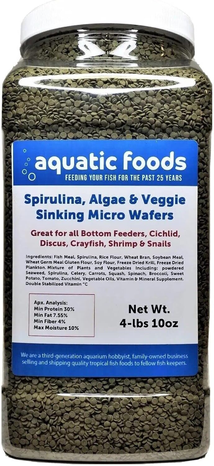 Aquatic Foods Inc. 3.5mm - 1/8" Spirulina, Algae & Veggies, Sinking Micro Wafers for Bottom Fish, Shrimp, Crabs, Crayfish, All Tropical Fish…4-lb & 10oz Lg Jar