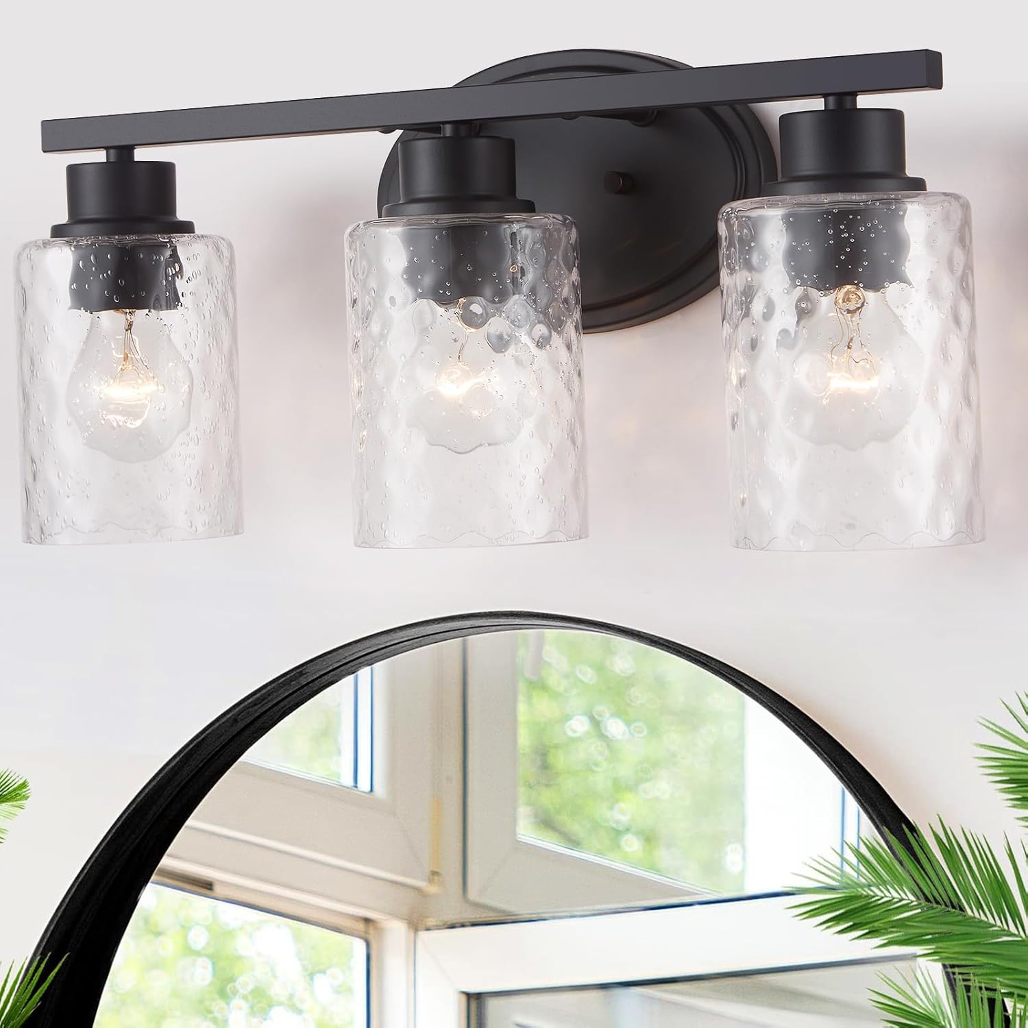 Modern Rustproof Vanity Light Fixtures - 3 Light Matte Black Bathroom Light with Clear Glass, Seeded Hammered Glass, Wall Mount Over Mirror