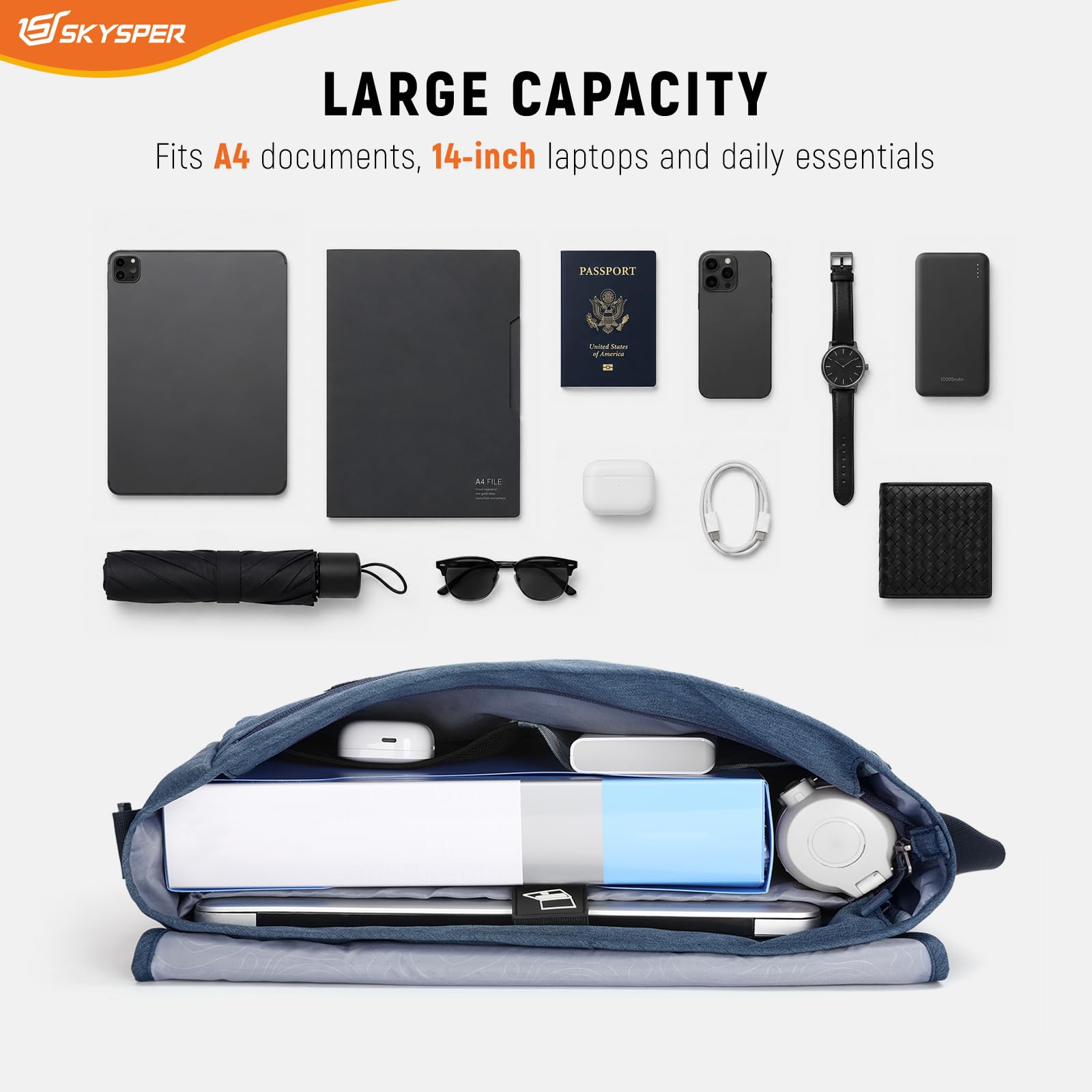 SKYSPER URBANX15 Borsa a tracolla per laptop 15.6" - Messenger bag antirubino grande uomo donna, lavoro e scuola