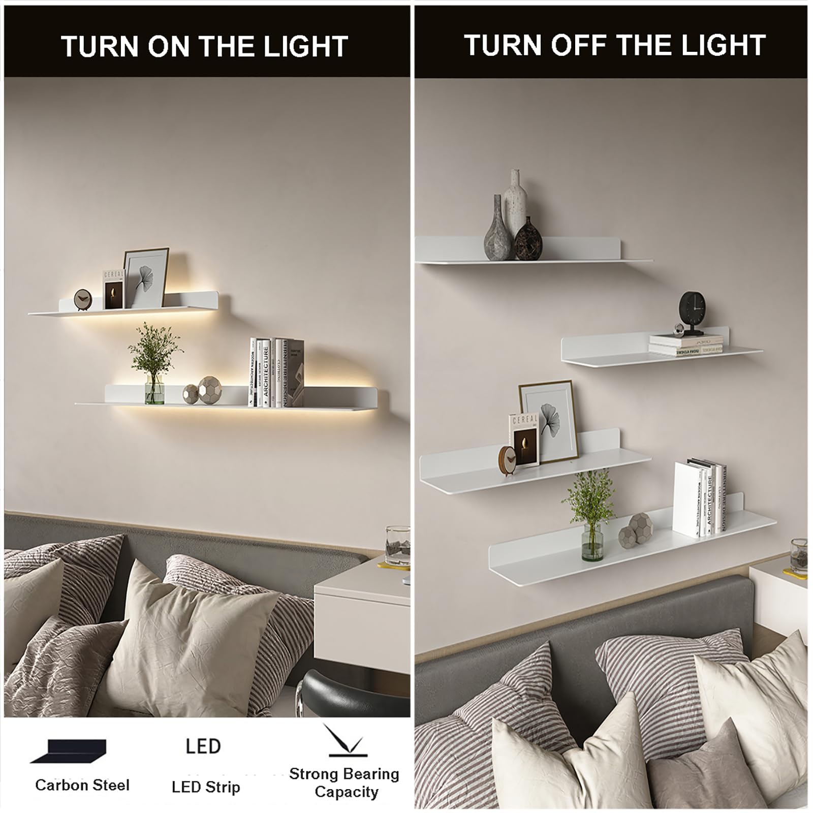 5 Mensole Galleggianti Bianche Con Luci LED A Parete - Scaffali Verticali Con Supporto USB, Per Camera Da Letto, Soggiorno, Libri E Giochi - 4