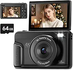 Câmera digital 4K para fotografia, câmera vlogging de 64 MP com foco automático para YouTube com tela flip de 3 polegadas 180°, câmera compacta de ponto de viagem e disparo com zoom de 16X com flash