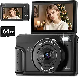 Câmera digital 4K para fotografia, câmera vlogging de 64 MP com foco automático para YouTube com tela flip de 3 polegadas 180°, câmera compacta de ponto de viagem e disparo com zoom de 16X com flash