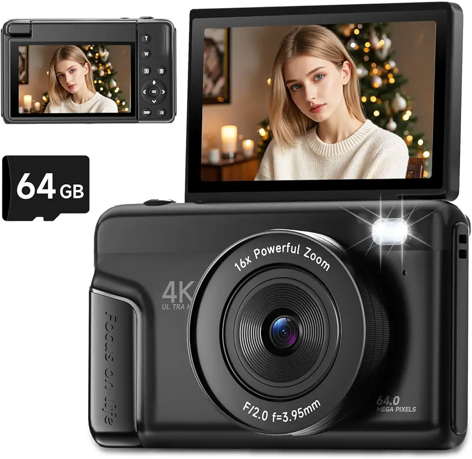 Câmera digital 4K para fotografia, câmera vlogging de 64 MP com foco automático para YouTube com tela flip de 3 polegadas 180°, câmera compacta de ponto de viagem e disparo com zoom de 16X com flash
