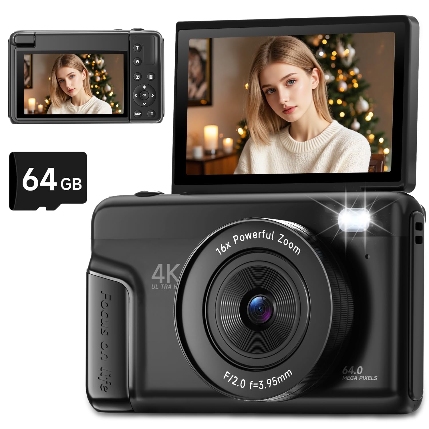 Photo 1 of 4K Digital Camera for Photography, Autofocus 64MP Vlogging Camera for YouTube with 3" 180° Flip Screen, 16X Zoom Compact Travel Point and Shoot Camera with Flash for Beginners, 64GB Card, Black