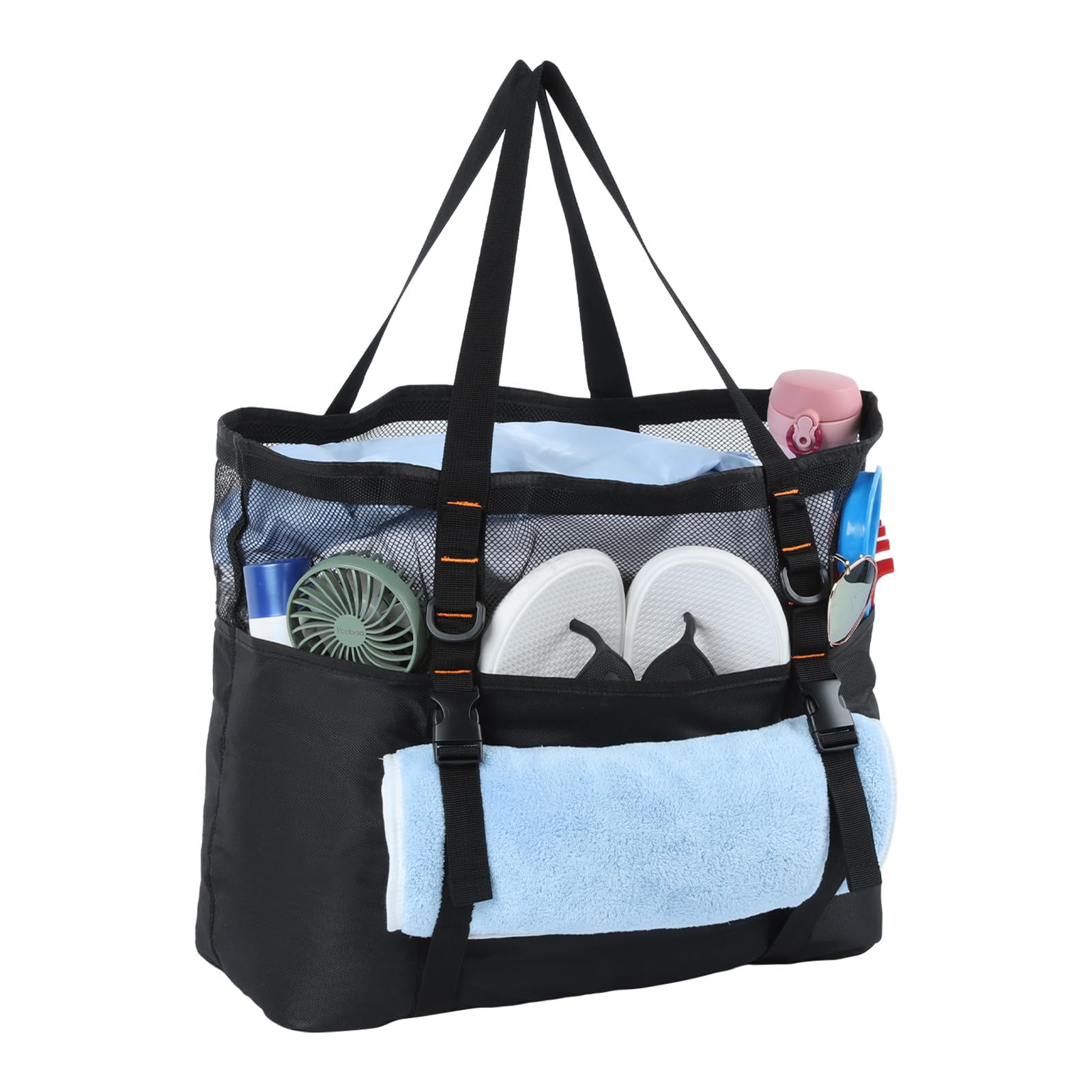 Cozary Borsa Mare Grande 40L, Borsa da Spiaggia Impermeabile con Rete Traforata & Cerniera sul Fondo per la Sabbia - Pieghevole, 6+1 Tasche per Piscina, Viaggi, Sport