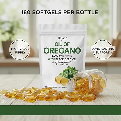 Miniatura 4 de Belano Aceite de cápsulas blandas de orégano, 180 cápsulas blandas, 2 en 1 formulado con aceite de orégano y aceite de semilla negra, apoyo