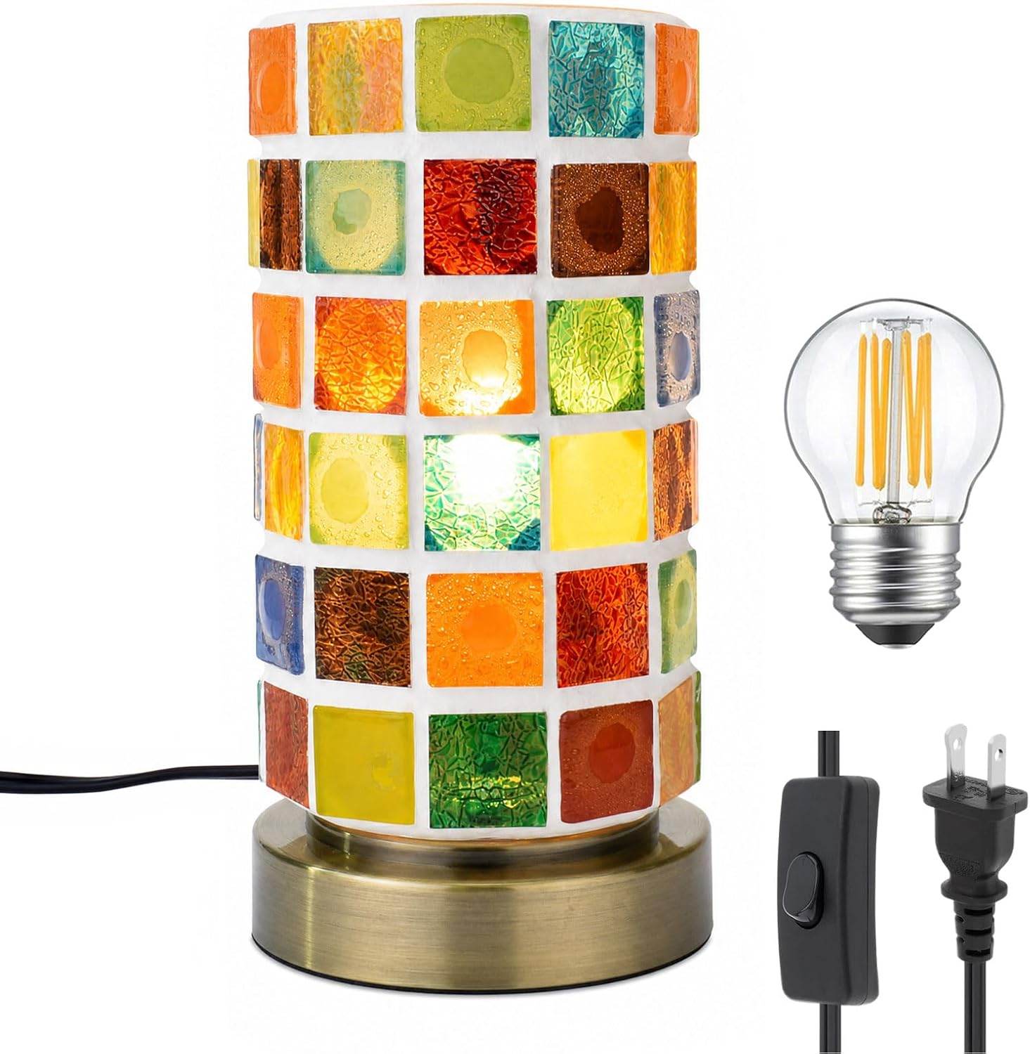Handmade Turkish Mosaic Table Lamp, Cylinder Stained Pebbles Glass Pieces Nightlight with Antique Brass Base, Colorful Boho Accent Lamp for Bedroom, Living Room, Meditation Decor, LED Bulb Included
