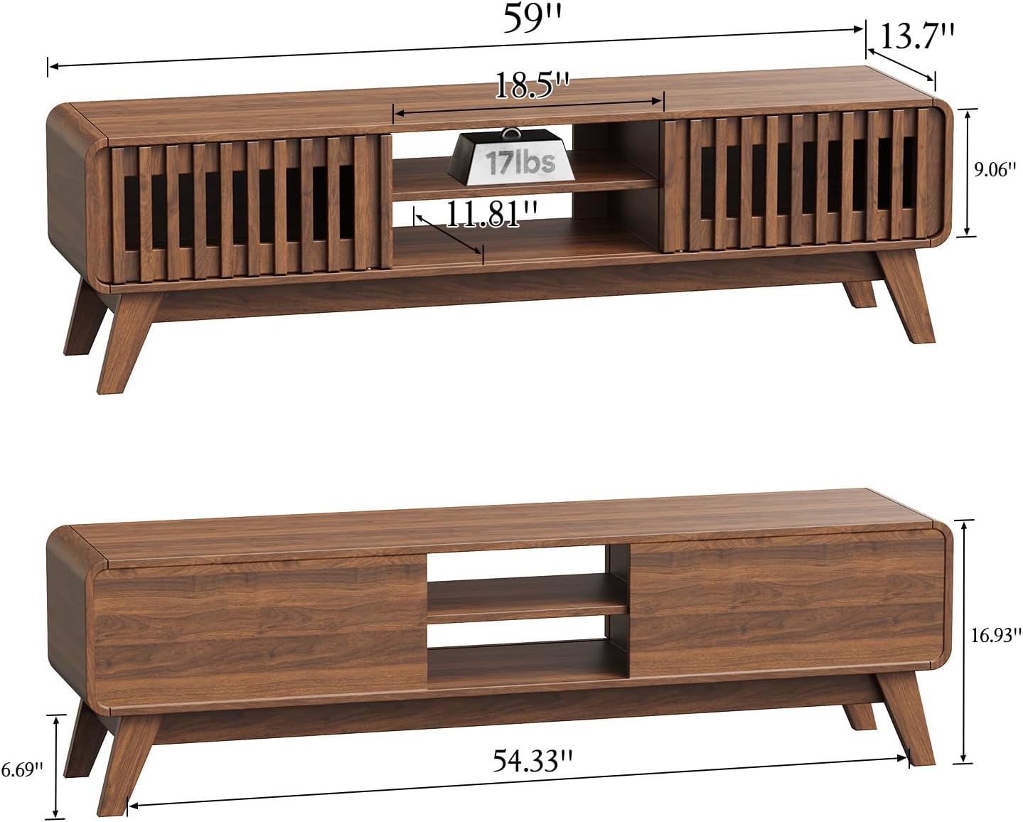 Mid Century Modern TV Stand for 65 Inch TVs, Fluted Media Console with Sliding Doors, 59-Inch Long Entertainment Center with Storage & Shelves,TV Console Table for Living Room & Bedroom, Walnut