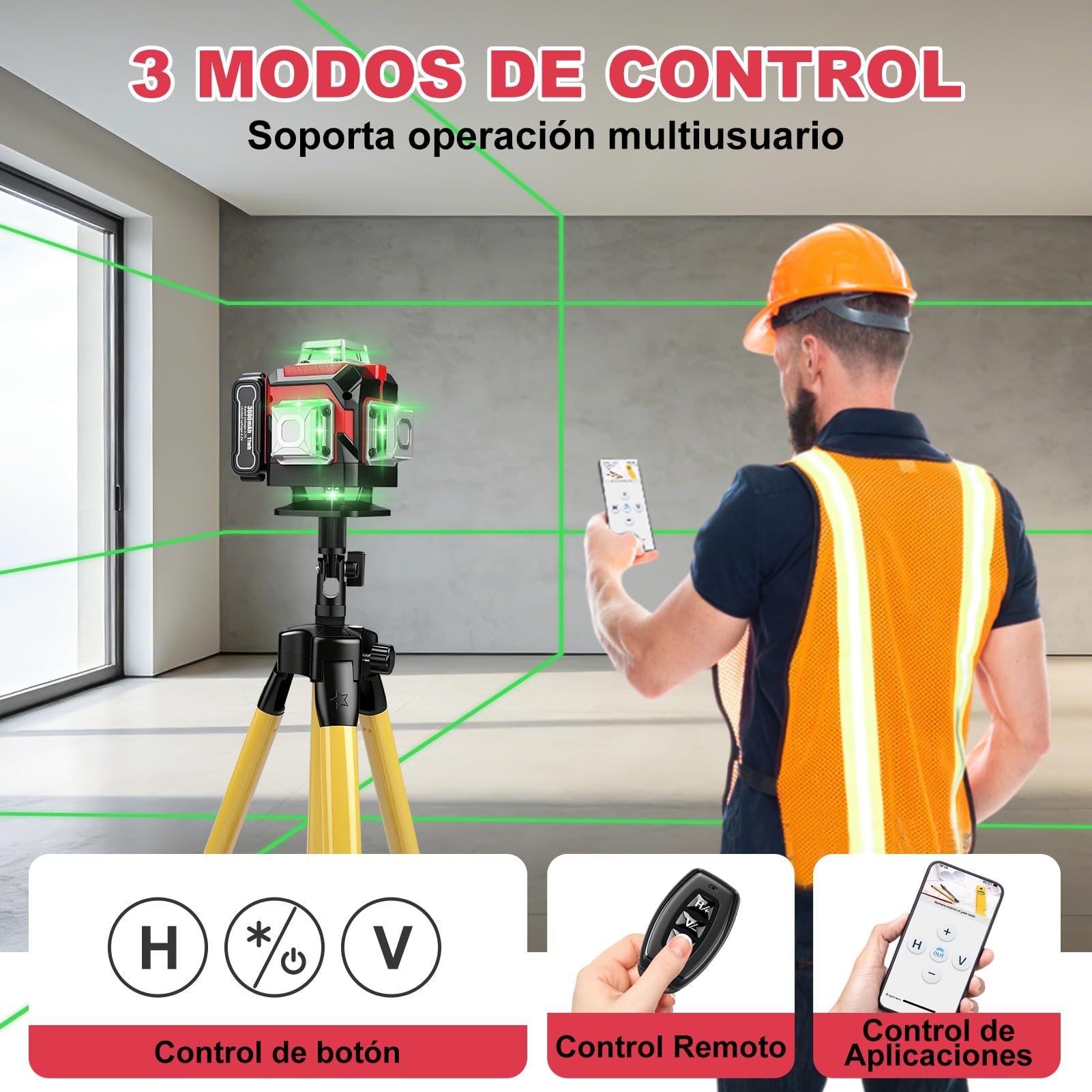 Nivel Laser Autonivelante 360 Grados, 4D 16 Líneas Nivel Laser Verde con Trípode, Digital Niveles LáSer con 3600 mAh x 3 baterías Recargables para Interiores, Obras