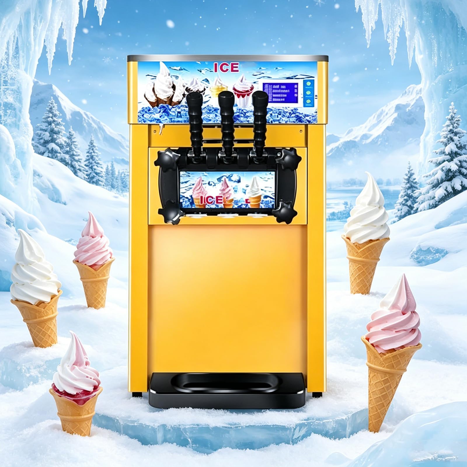 TYH Máquina De Helado Suave De 1200 W, Máquina De Helado Comercial De 18 L/Hora, Pantalla Led, Máquina De Helado Suave con Tres Sabores, Limpieza Automática, De Yellow