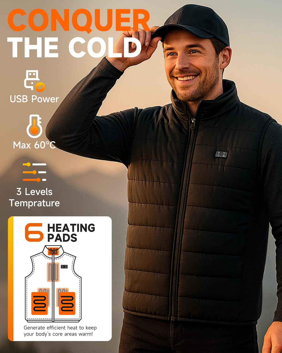 LABCOOL Veste Chauffante USB 12000mAh 5V 3 Niveaux 6 Zones Chauffantes Gilet Homme Femme