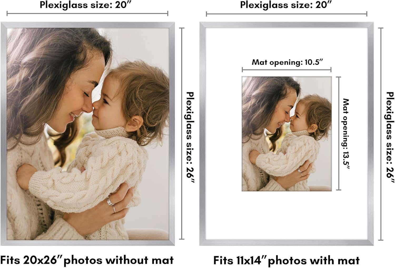 Americanflat 20x26 Picture Frame with Polished Plexiglass - Use as 11x14 Frame with Mat or Display 20x26 Photo Without Mat - Streamline Collection - Thin Border Picture Frames for Wall - Silver Silver 20x26 White Mat
