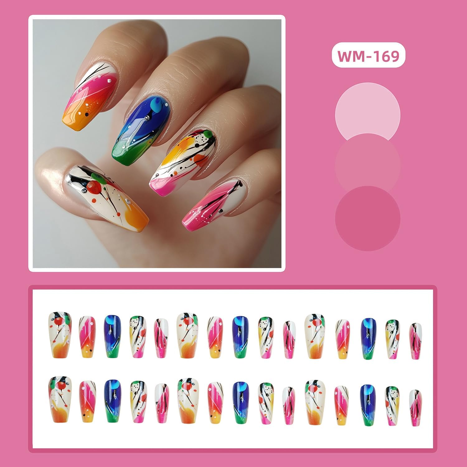 24Pcs Smudge Press on Nails, Acrylic Full Cover Coffin Nails - Colorful Smudge and Black Lines Design, Medium Ballet Shape - Image 2
