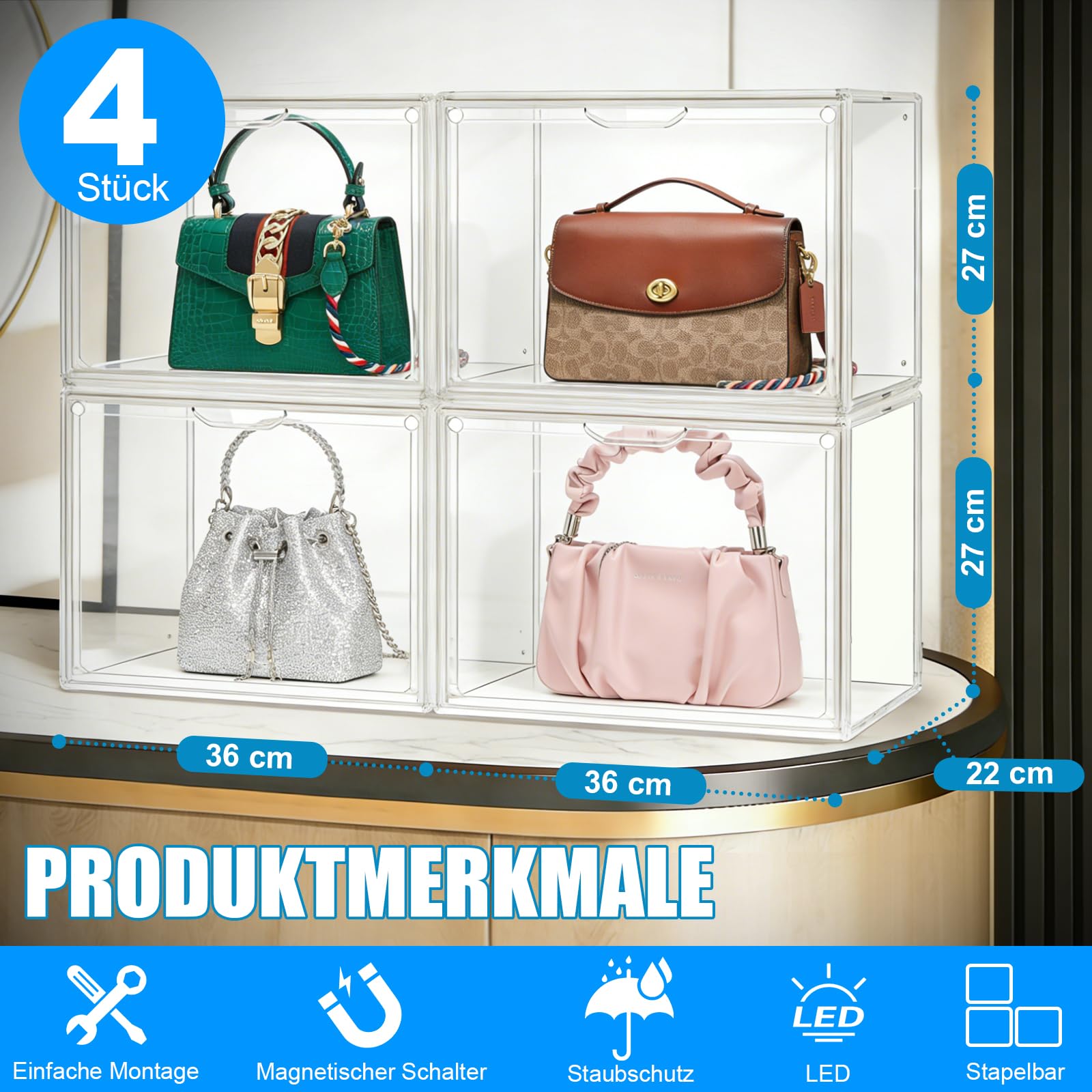 Transparente Stapelbare Aufbewahrungsschubladen mit Magnetischer Tür | 4 Pack Handtaschen Organizer mit LED, Handtaschen-Organizer für Schrank, Spielzeug-Organisation und Ausstellung L