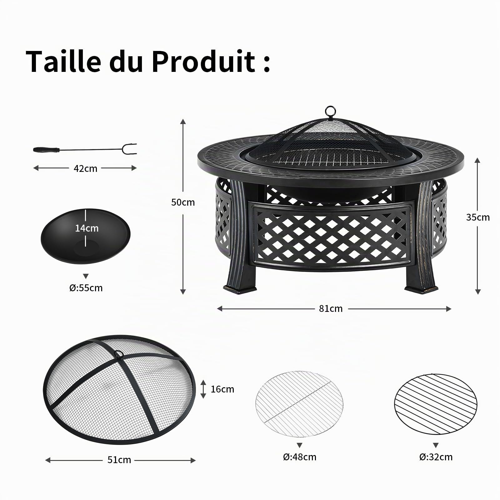 COSTWAY Brasero Rond 81 cm 3-en-1 Acier Résistant Haute Température