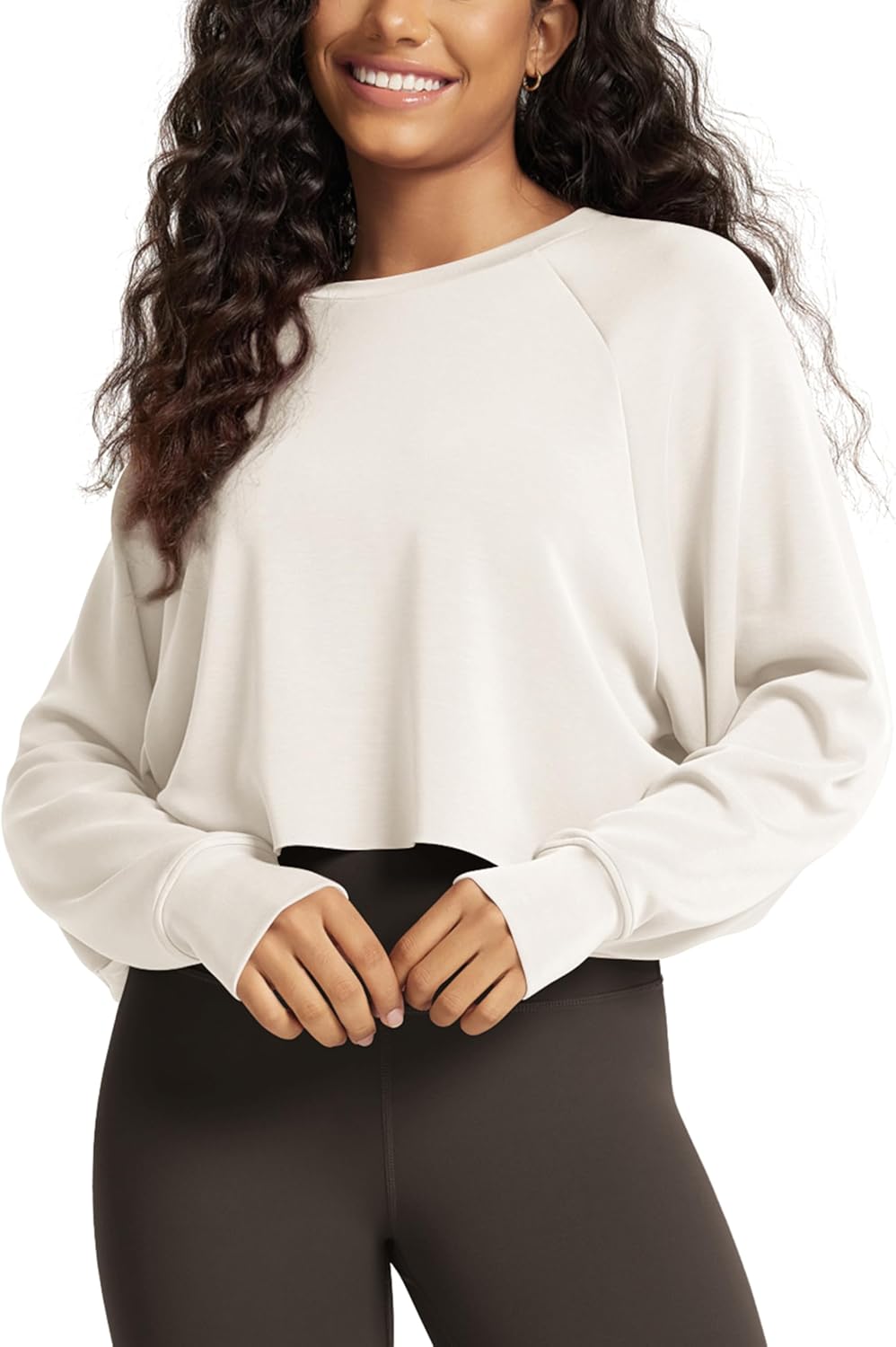 ODODOS Modal Soft Long Sleeve Cropped Sweatshirts with Thumb Hole for Women Crew Neck Pullover Crop Top